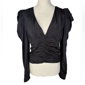 DO + BE Black Puff Shoulder Ruched V Neck Long Sleeve Cropped Top
